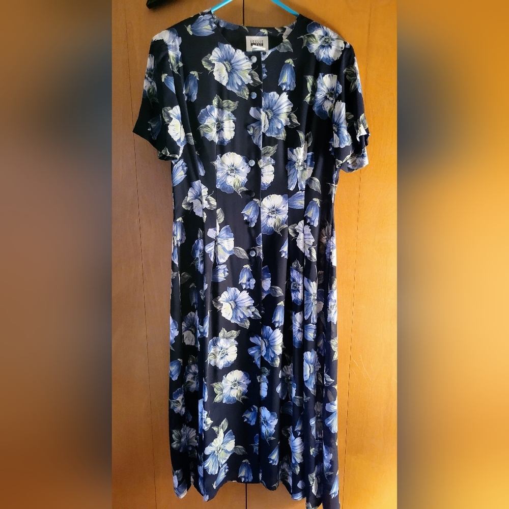 Dark blue dress with light blue flowers buttoned down the front